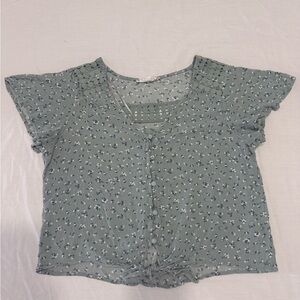 Pink Rose Green Floral Button-Front Top with Knot Size M